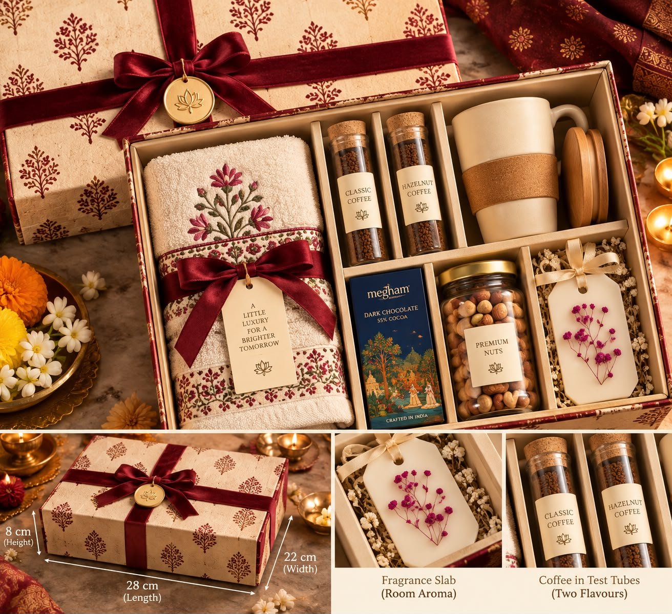 Corporate hamper box with bottles, candles and sweets